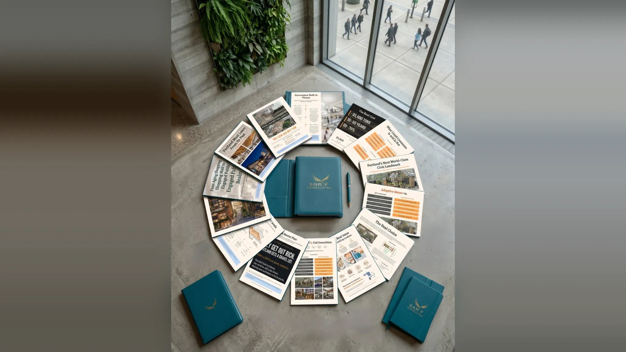The engagement corpus photographed from above on a polished concrete floor in a daylit lobby. Twelve printed reports fan out in a complete circle around a teal leather portfolio embossed with the Sarif Consulting gold wing mark, a matching pen beside it and bound teal notebooks at the lower corners. The documents carry headings including Governance Built in Phases, The Real Cost, What Lloyd Commons Is and Is Not, Portland Must Learn From Its Past, Adaptive Reuse vs. Full Demolition, The Real Choice and Portland's Next World-Class Civic Landmark, alongside site renderings, comparison tables and cost charts. Behind the arrangement a living wall of ferns covers a concrete pier and a full-height window looks out onto pedestrians crossing a plaza.