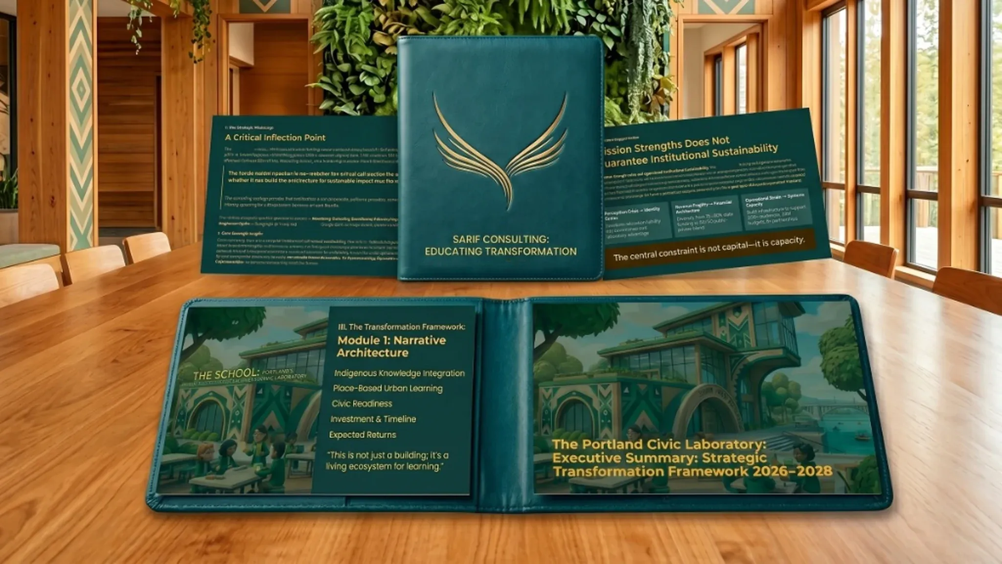 The engagement's deliverables staged as a printed set on a wood conference table in a daylit room, against a living wall of ferns and trailing plants between timber columns. A teal leather folio stands closed at centre, gold-blocked with the Sarif wing emblem and lettered SARIF CONSULTING: EDUCATING TRANSFORMATION. Behind it, two panels carry section openers — A Critical Inflection Point at left, and at right Mission Strengths Does Not Guarantee Institutional Sustainability, whose three columns pair a diagnosis with a remedy (perception crisis to identity, revenue fragility to financial architecture, operational strain to systems capacity) above a banner reading The central constraint is not capital — it is capacity. A second folio lies open in the foreground: the left page heads III. The Transformation Framework, Module 1: Narrative Architecture, listing Indigenous Knowledge Integration, Place-Based Urban Learning, Civic Readiness, Investment & Timeline and Expected Returns beneath the pull quote This is not just a building; it's a living ecosystem for learning. The right page carries the title The Portland Civic Laboratory: Executive Summary: Strategic Transformation Framework 2026–2028 over an illustrated elevation of a tiered green-and-gold school building with arched colonnades, rooftop gardens and a footbridge over water.